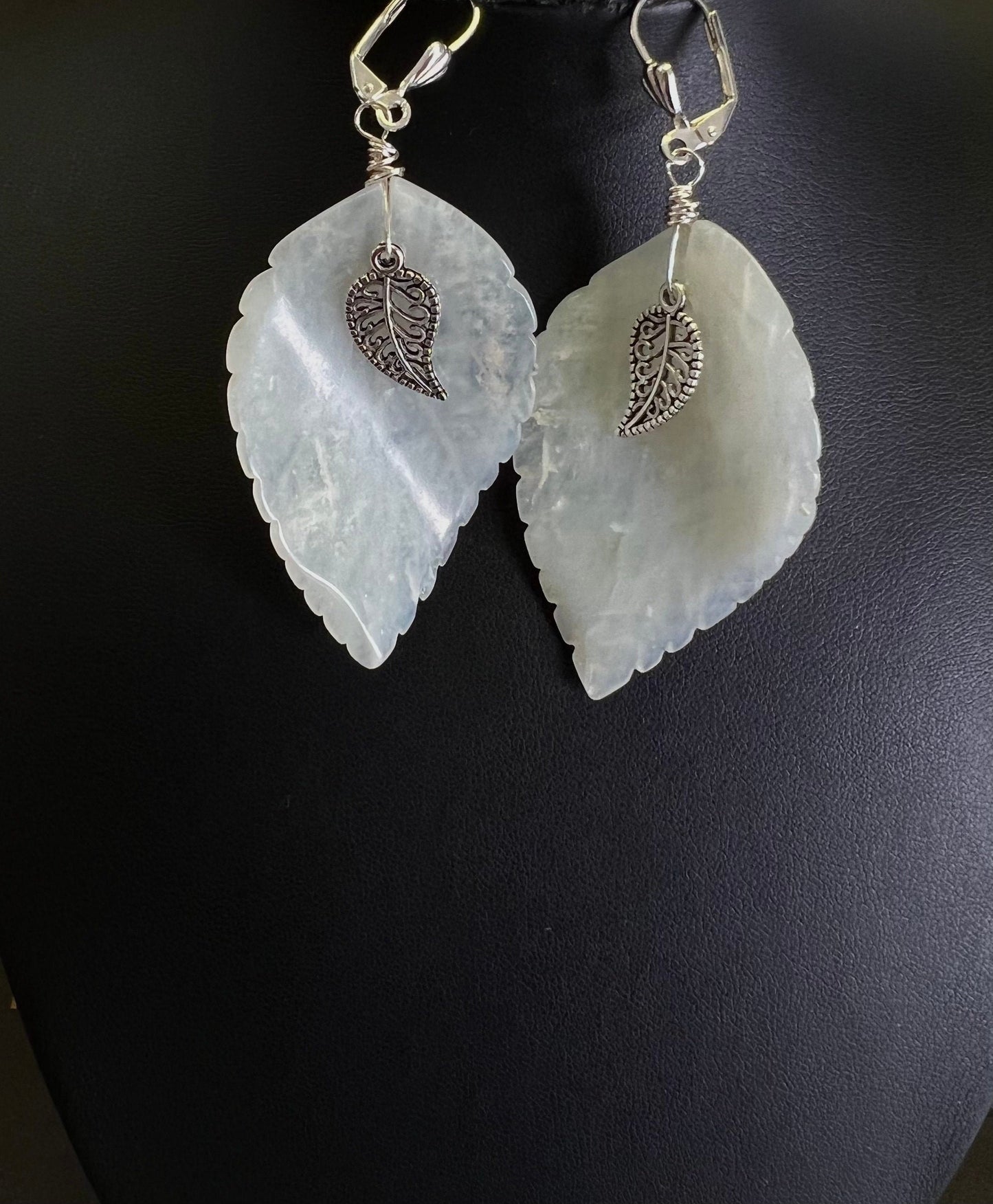 Natural nephrite jade carved leaf large with Bali style leaf middle Leverback earrings . Vintage antique handcrafted jade earrings gift