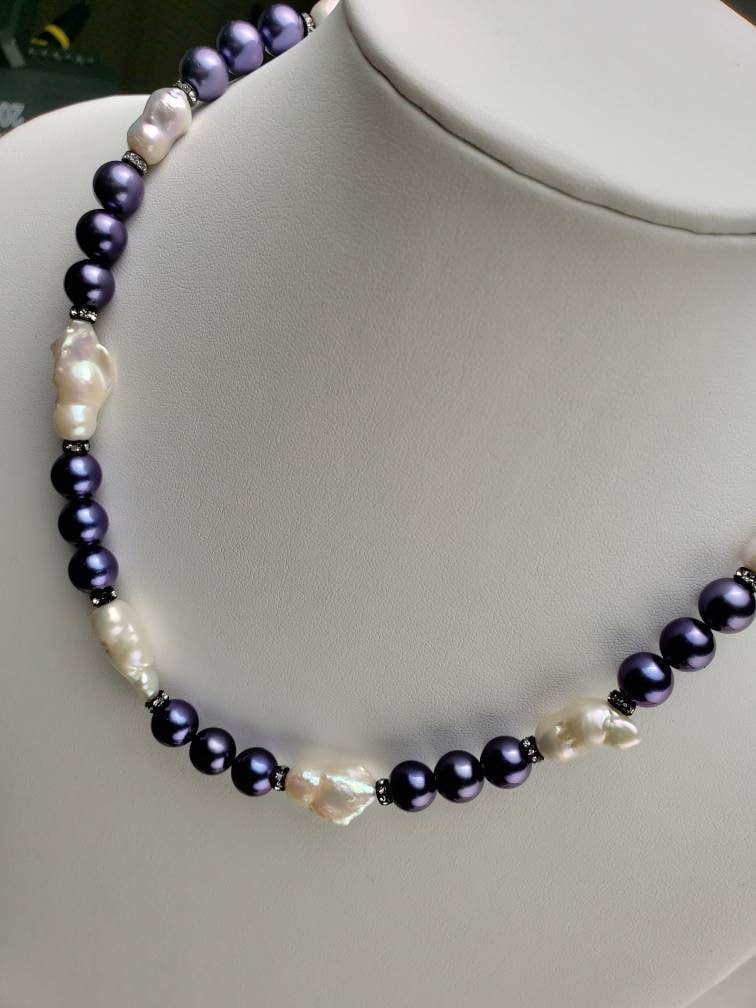 Blue South Sea shell pearl 8mm with Freshwater baroque pearl 20x27mm large, CZ diamond pave clasp Statement necklace, Gift 18&quot;+ 3&quot; Extender