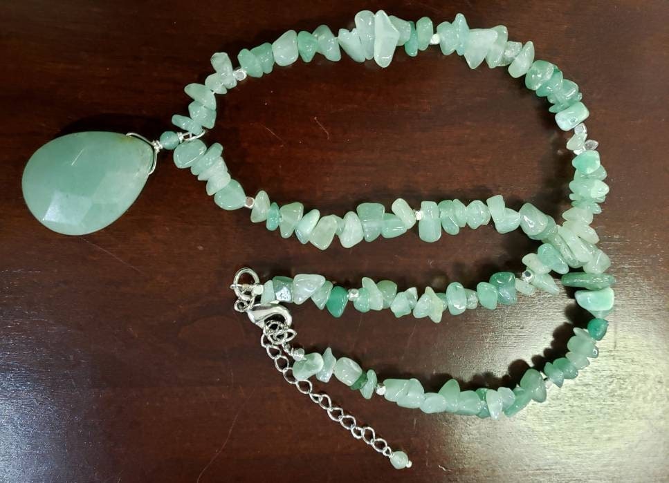 Green Aventurine Faceted Pear Drop 22x30mm Pendant Necklace 18&quot; plus 2&quot; Extension. Chakra energy gift