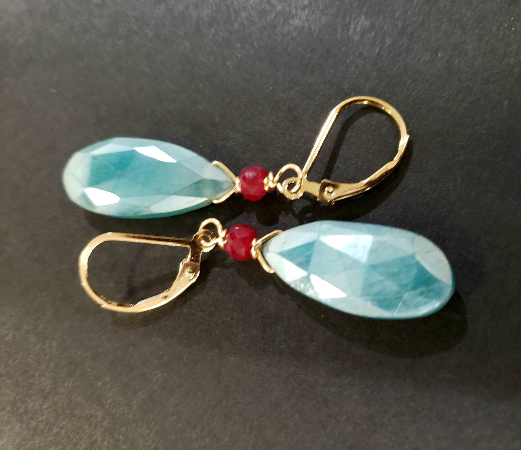 Blue Moonstone Faceted Long Pear Drop 10x21mmWire Wrapped, 4mm Genuine ruby accent 14k Gold Filled or 925 sterling Earring, Elegant Gift