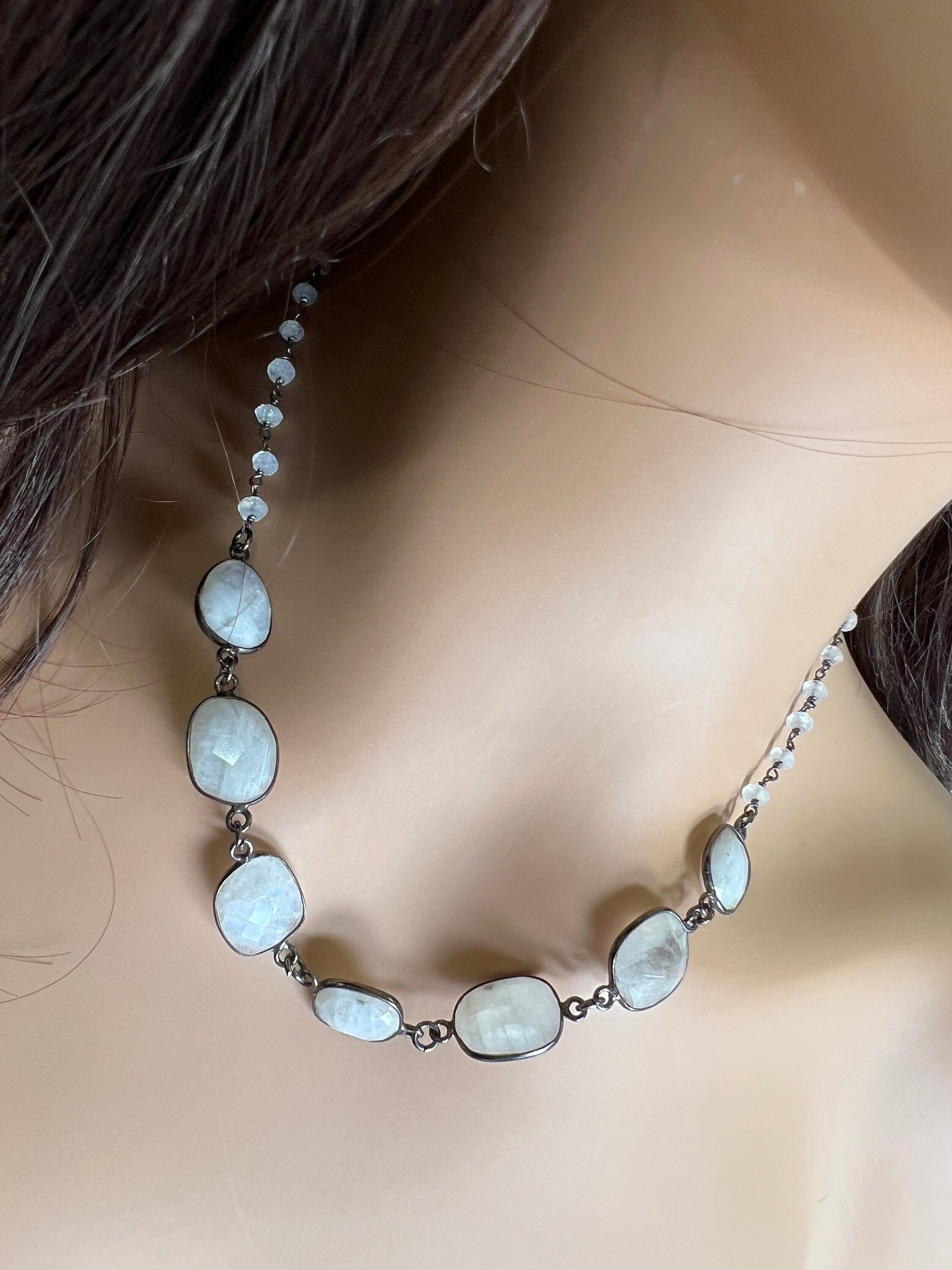 Moonstone Bezel Faceted 12x14mm Oval Gemstone in Oxidized Sterling Silver Chain, Elegant Gift for her