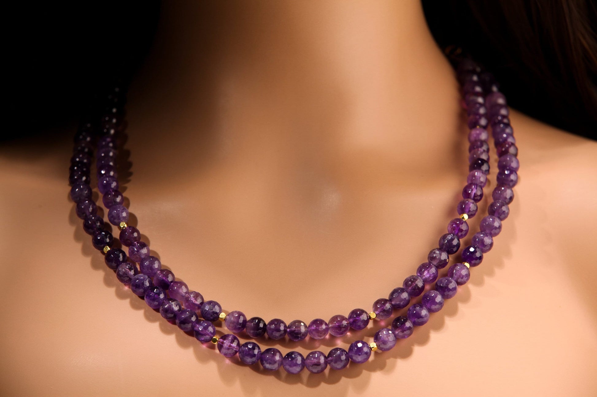 Natural Amethyst Purple 8mm Faceted Double Layered Front and 4mm Faceted Back Total 18&quot; and 20&quot; 2 Layer Gold Necklace Plus 2&quot; Extension