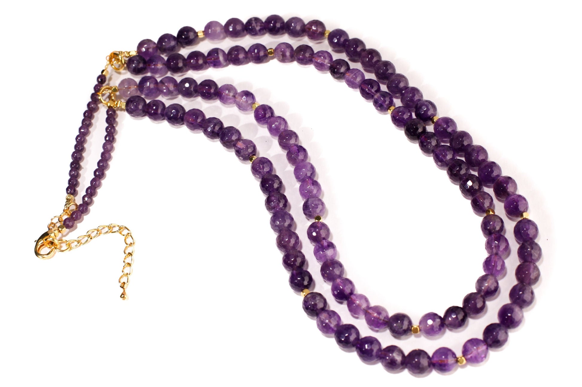 Natural Amethyst Purple 8mm Faceted Double Layered Front and 4mm Faceted Back Total 18&quot; and 20&quot; 2 Layer Gold Necklace Plus 2&quot; Extension