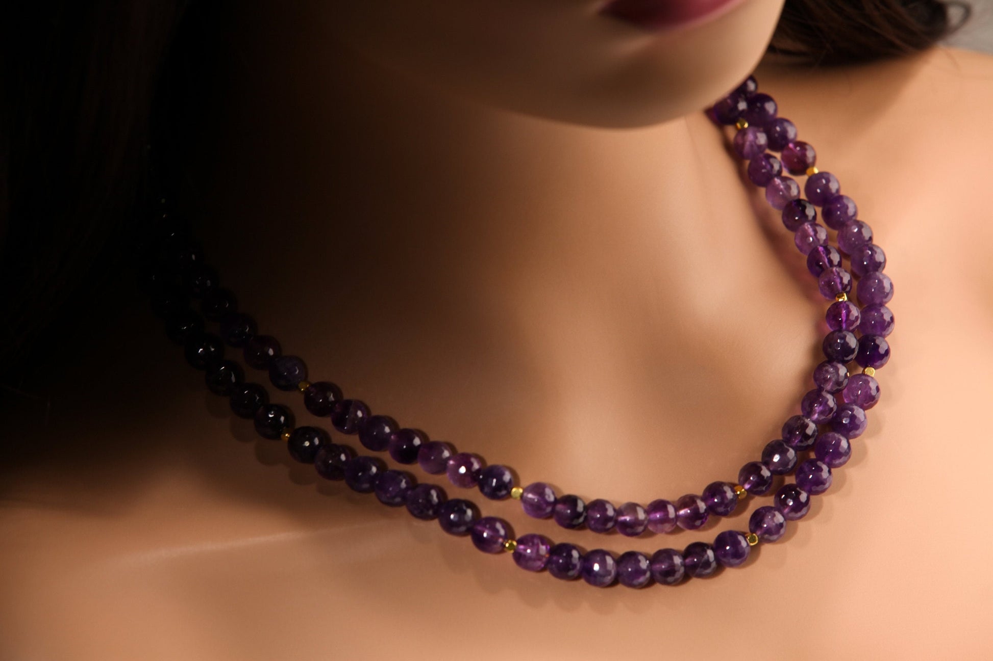 Natural Amethyst Purple 8mm Faceted Double Layered Front and 4mm Faceted Back Total 18&quot; and 20&quot; 2 Layer Gold Necklace Plus 2&quot; Extension