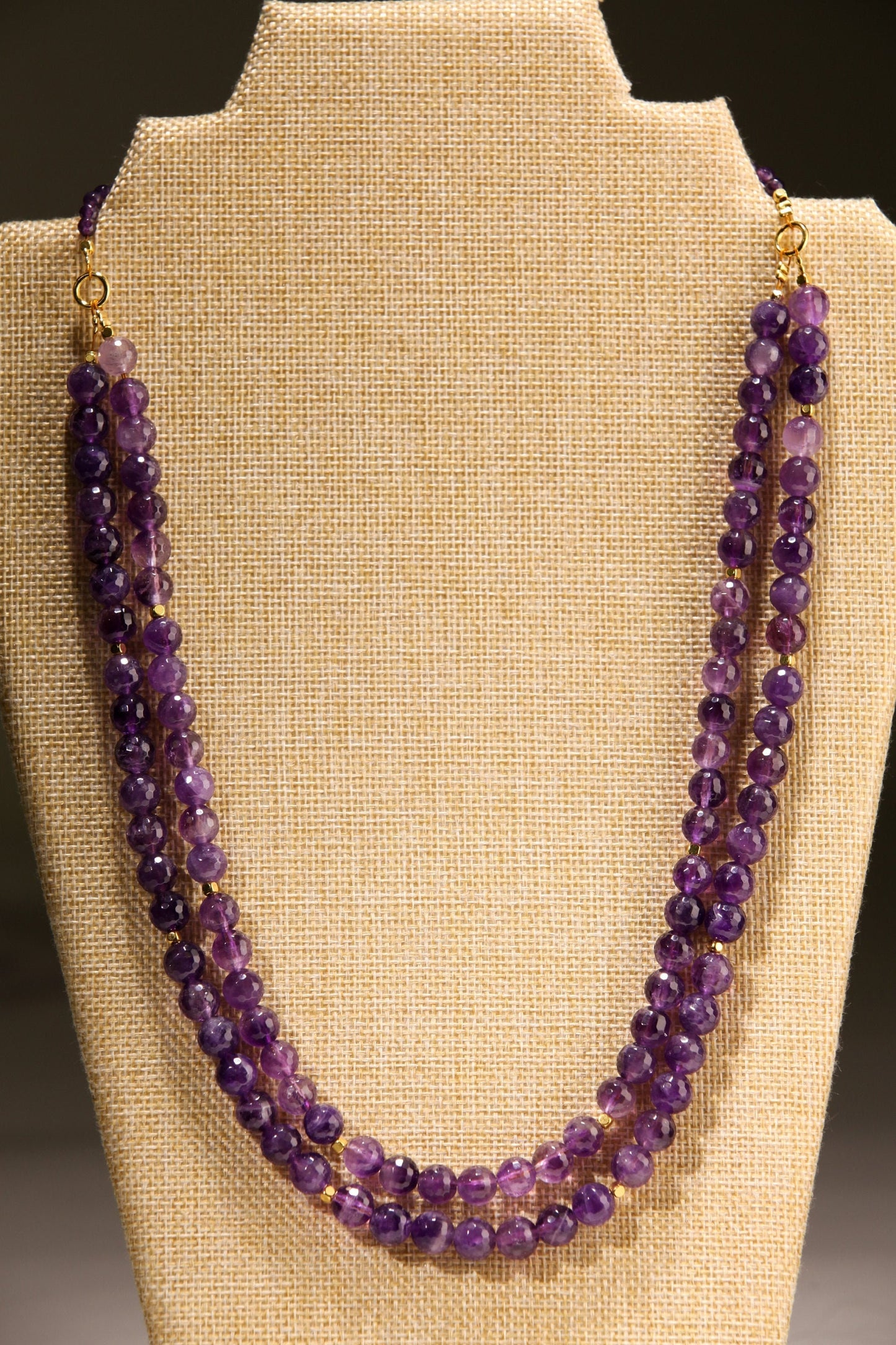 Natural Amethyst Purple 8mm Faceted Double Layered Front and 4mm Faceted Back Total 18&quot; and 20&quot; 2 Layer Gold Necklace Plus 2&quot; Extension