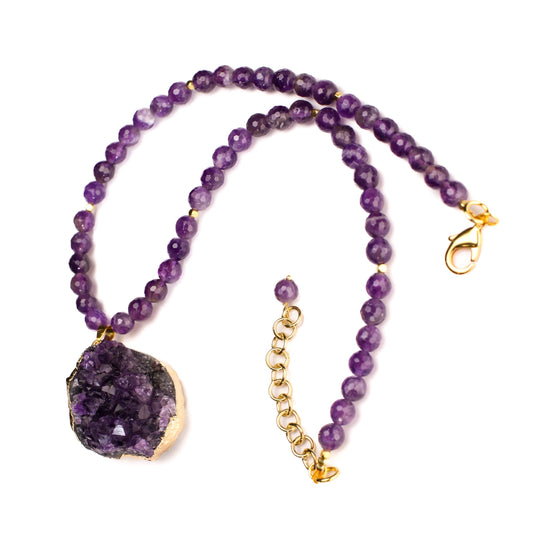 Amethyst Geode Gold Plated Druzy Chunk 36x41mm long , 23mm thick Pendant, 8mm Natural Faceted Amethyst bead 18” Necklace 2&quot; Extension Chain