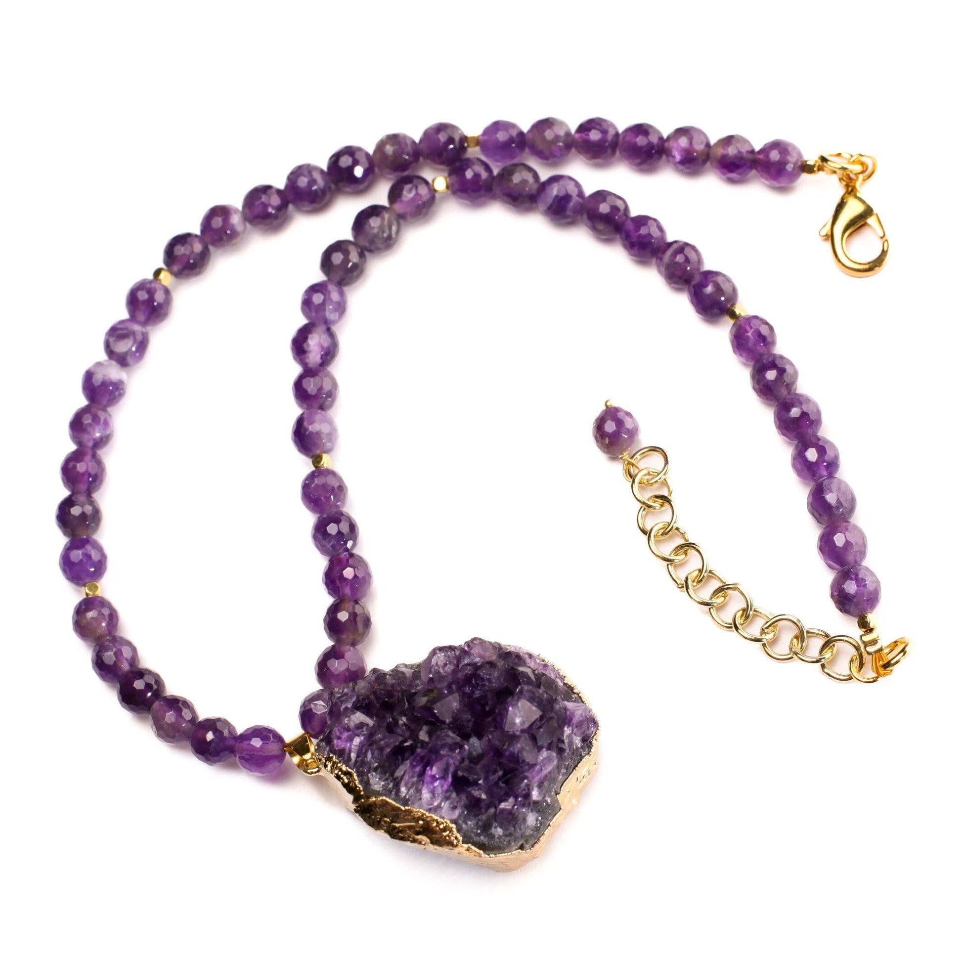 Amethyst Geode Gold Plated Druzy Chunk 36x41mm long , 23mm thick Pendant, 8mm Natural Faceted Amethyst bead 18” Necklace 2" Extension Chain