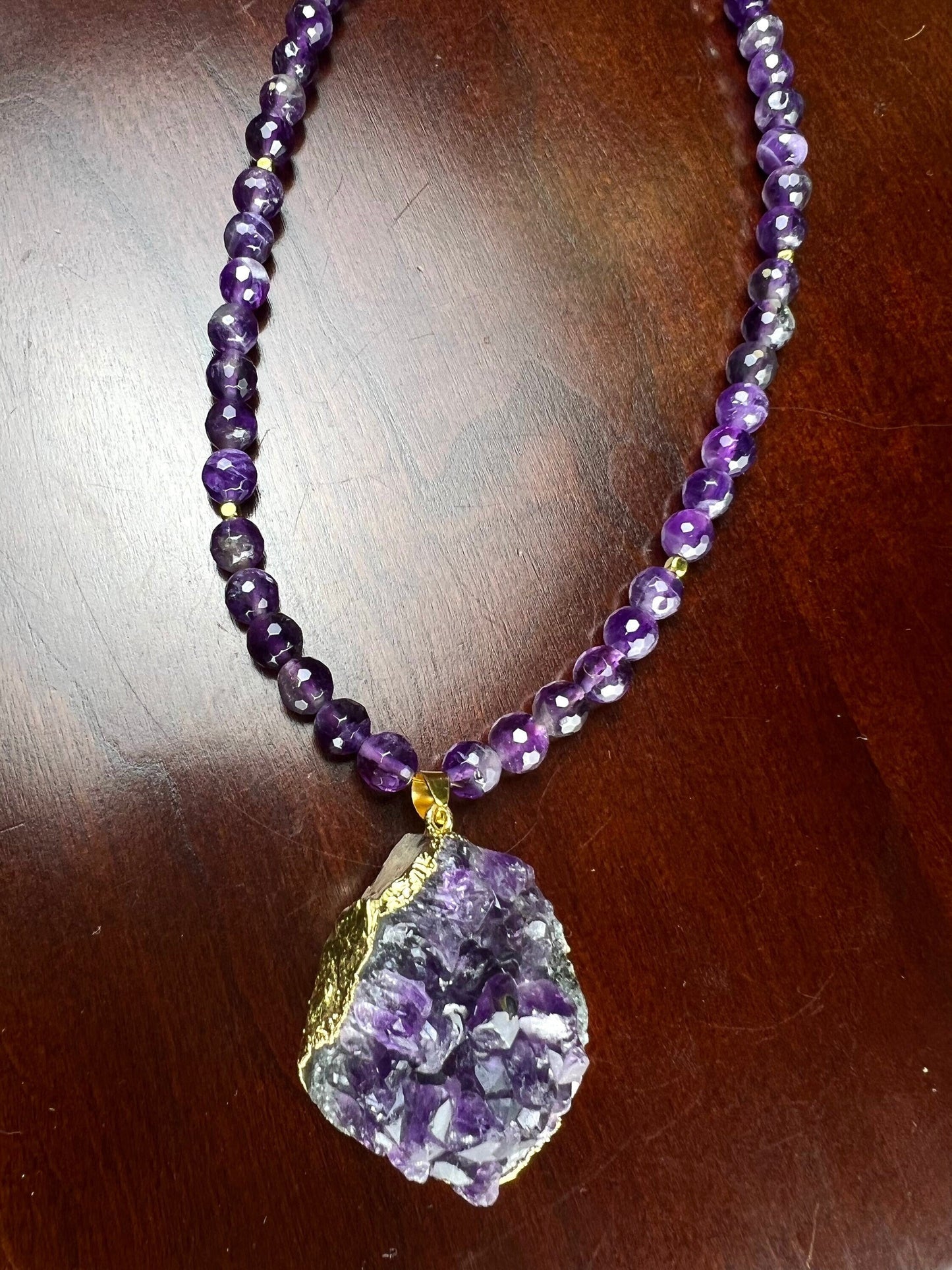 Amethyst Geode Gold Plated Druzy Chunk 36x41mm long , 23mm thick Pendant, 8mm Natural Faceted Amethyst bead 18” Necklace 2&quot; Extension Chain