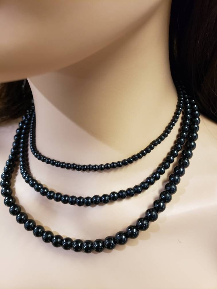 Black Onyx 4.6.8mm smooth Round AAA quality beaded handmade Necklace. Elegant gift choker layering Chakra strength natural gem