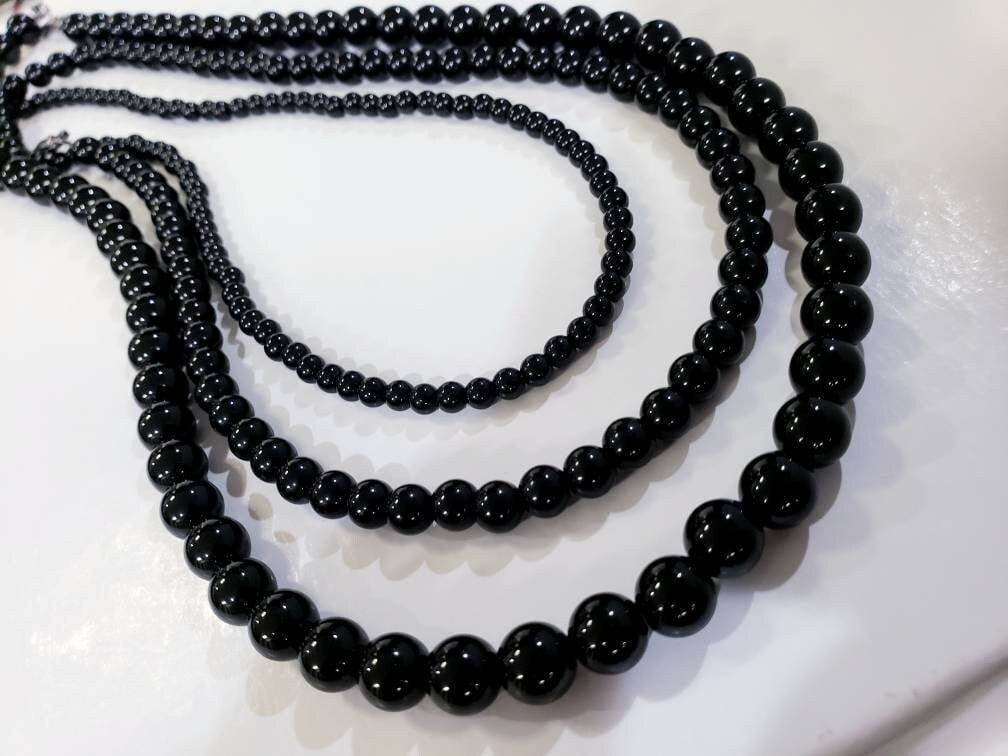 Black Onyx 4.6.8mm smooth Round AAA quality beaded handmade Necklace. Elegant gift choker layering Chakra strength natural gem