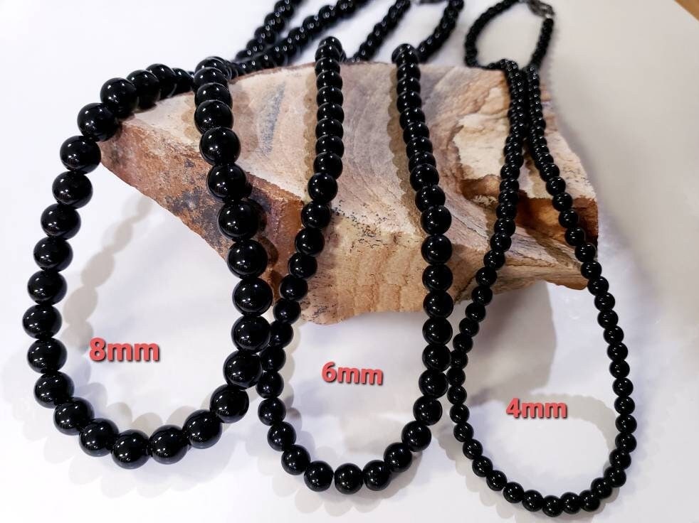 Black Onyx 4,6,8mm smooth polished round AAA quality natural gemstone, matching Black oxidized Silver lobster clasp Men's Necklace 20"-46"