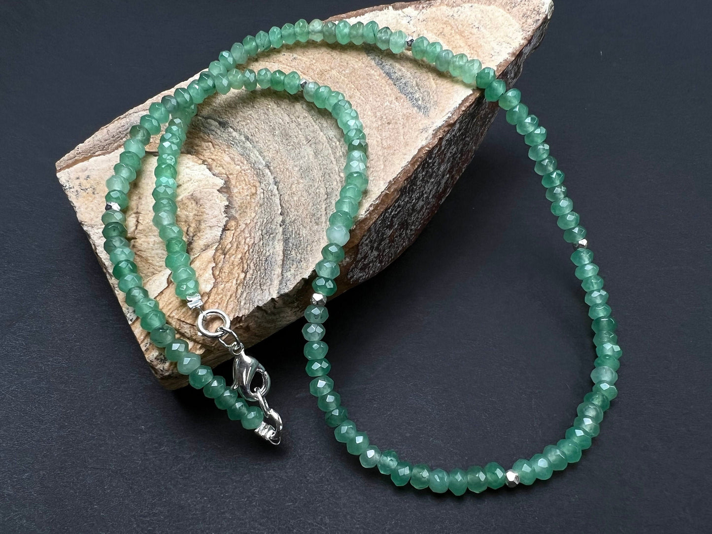 Green Aventurine 4mm faceted beaded choker, Faceted silver spacer layering necklace, Chakra energy gift