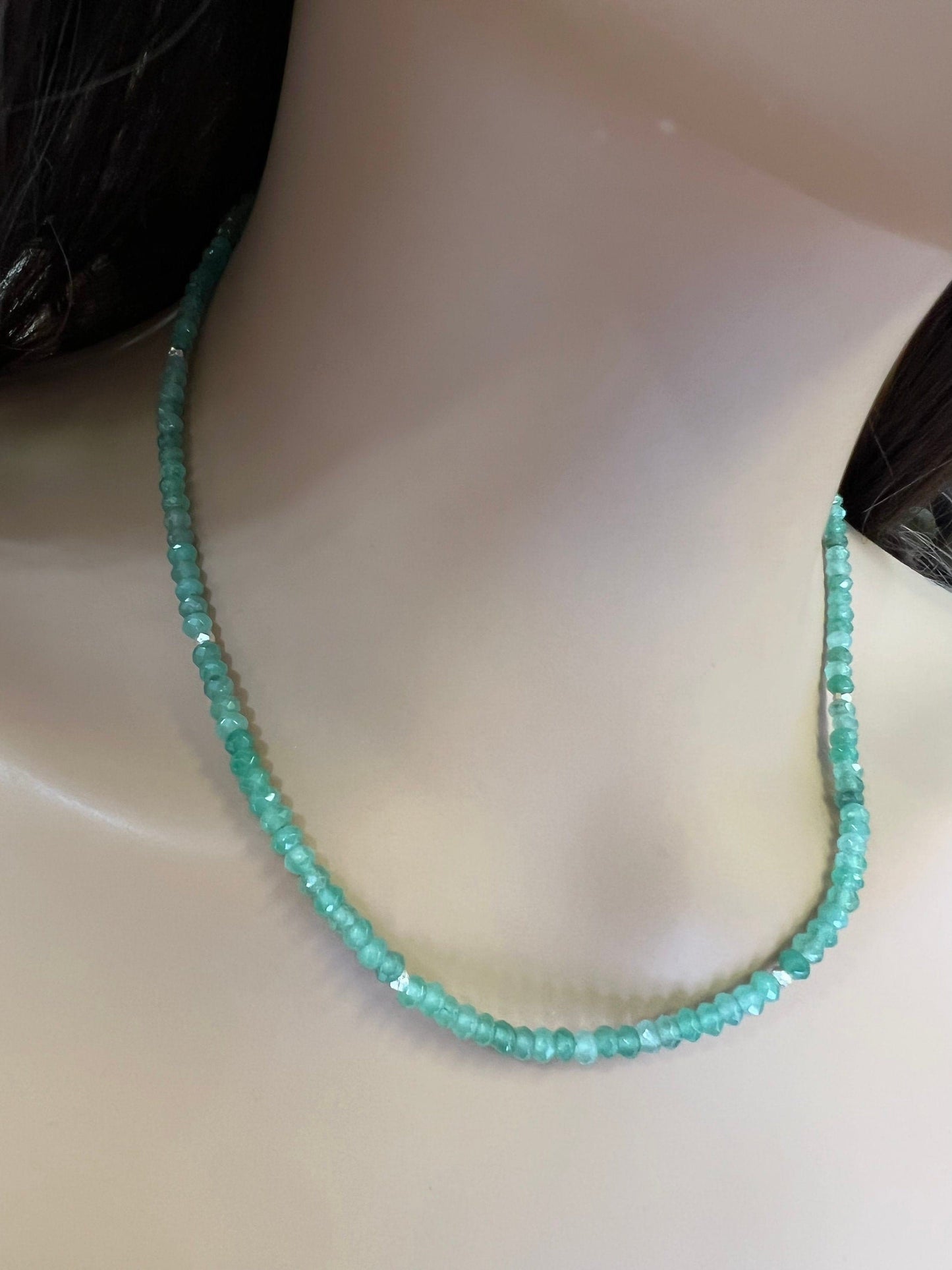 Green Aventurine 4mm faceted beaded choker, Faceted silver spacer layering necklace, Chakra energy gift