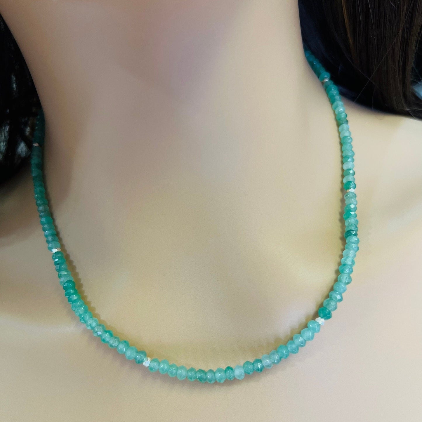 Green Aventurine 4mm faceted beaded choker, Faceted silver spacer layering necklace, Chakra energy gift