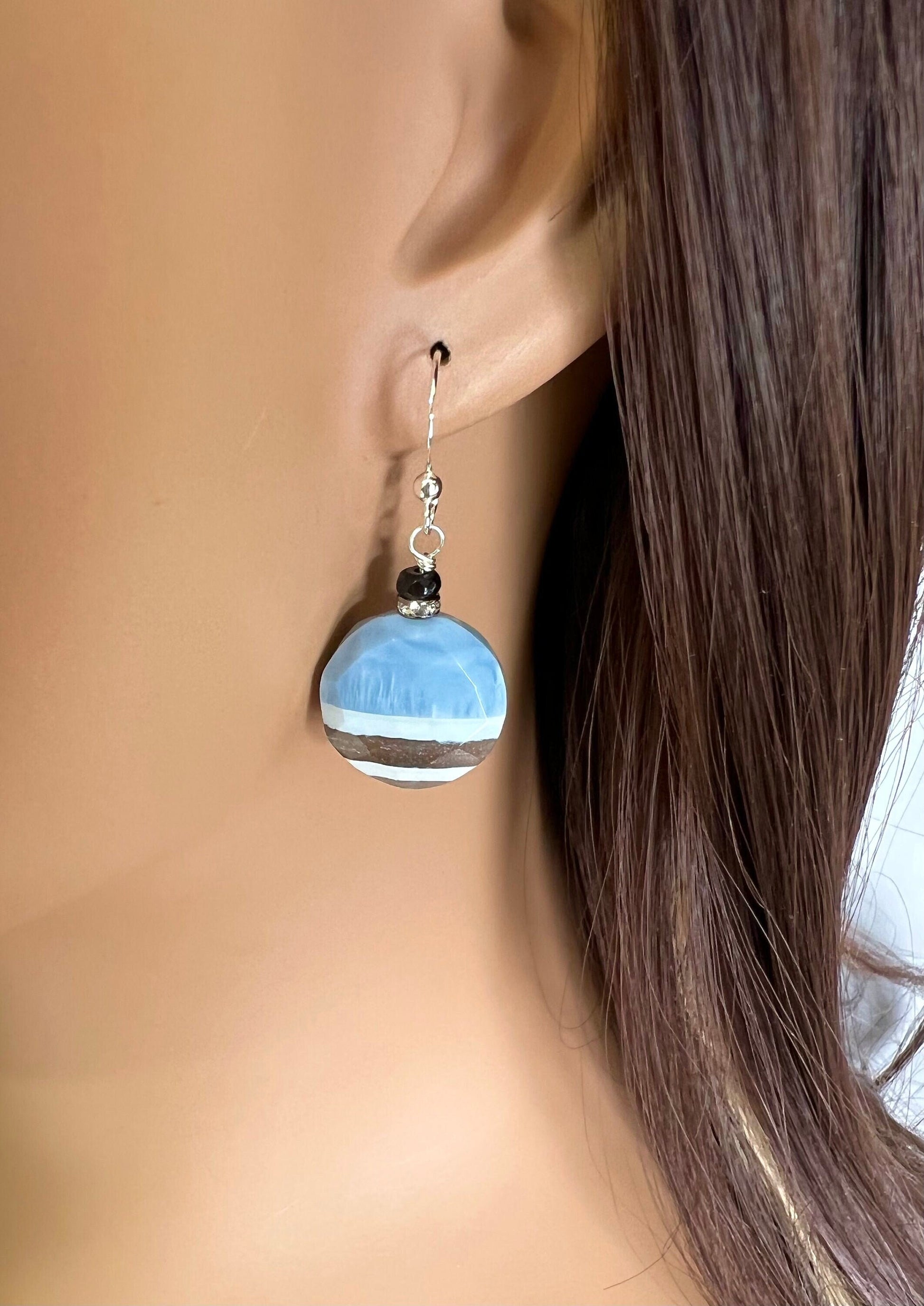 Natural Bio Opal, Peruvian Blue Oregon Boulder Opal Faceted Disk 18mm with Onyx, Crystal Spacers Sterling Silver Hook Earwire or Leverback