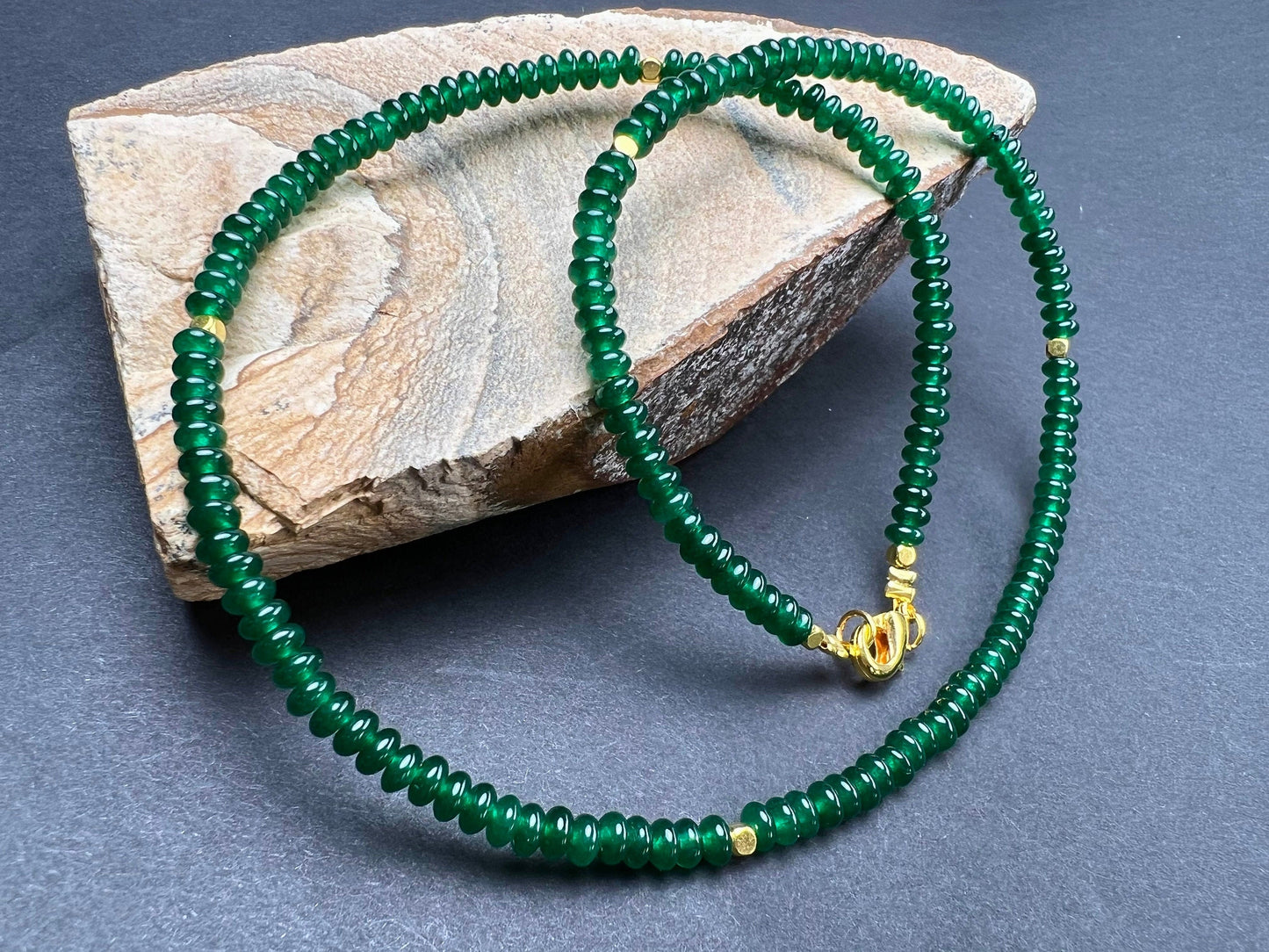 Natural Green jade, dark green 4mm smooth saucer roundel beaded choker, gold spacer layering necklace, Chakra energy gift