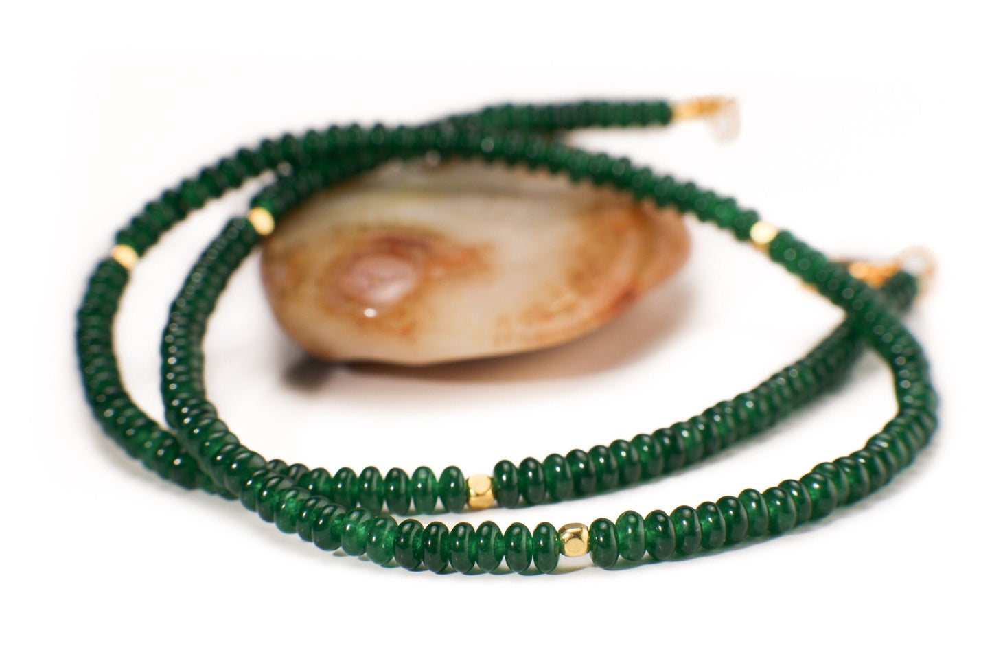 Natural Green jade, dark green 4mm smooth saucer roundel beaded choker, gold spacer layering necklace, Chakra energy gift