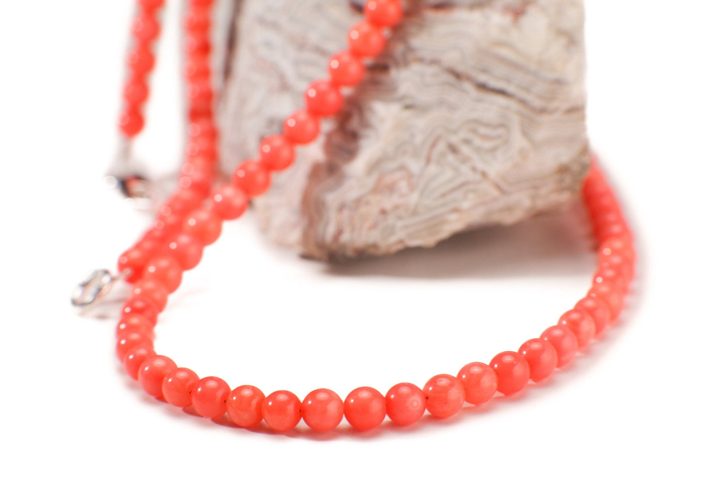 Natural Bamboo Coral 4mm salmon pink pitchy orange color Smooth Round Angel Skin Coral AAA Quality handmade silver necklace Beach, boho gift