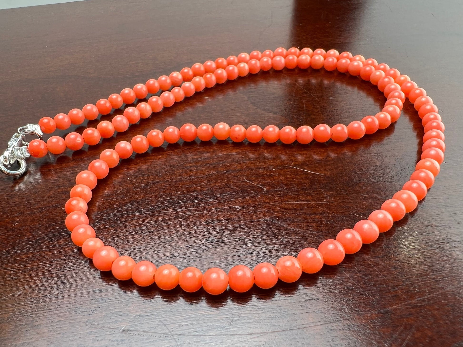 Natural Bamboo Coral 4mm salmon pink pitchy orange color Smooth Round Angel Skin Coral AAA Quality handmade silver necklace Beach, boho gift