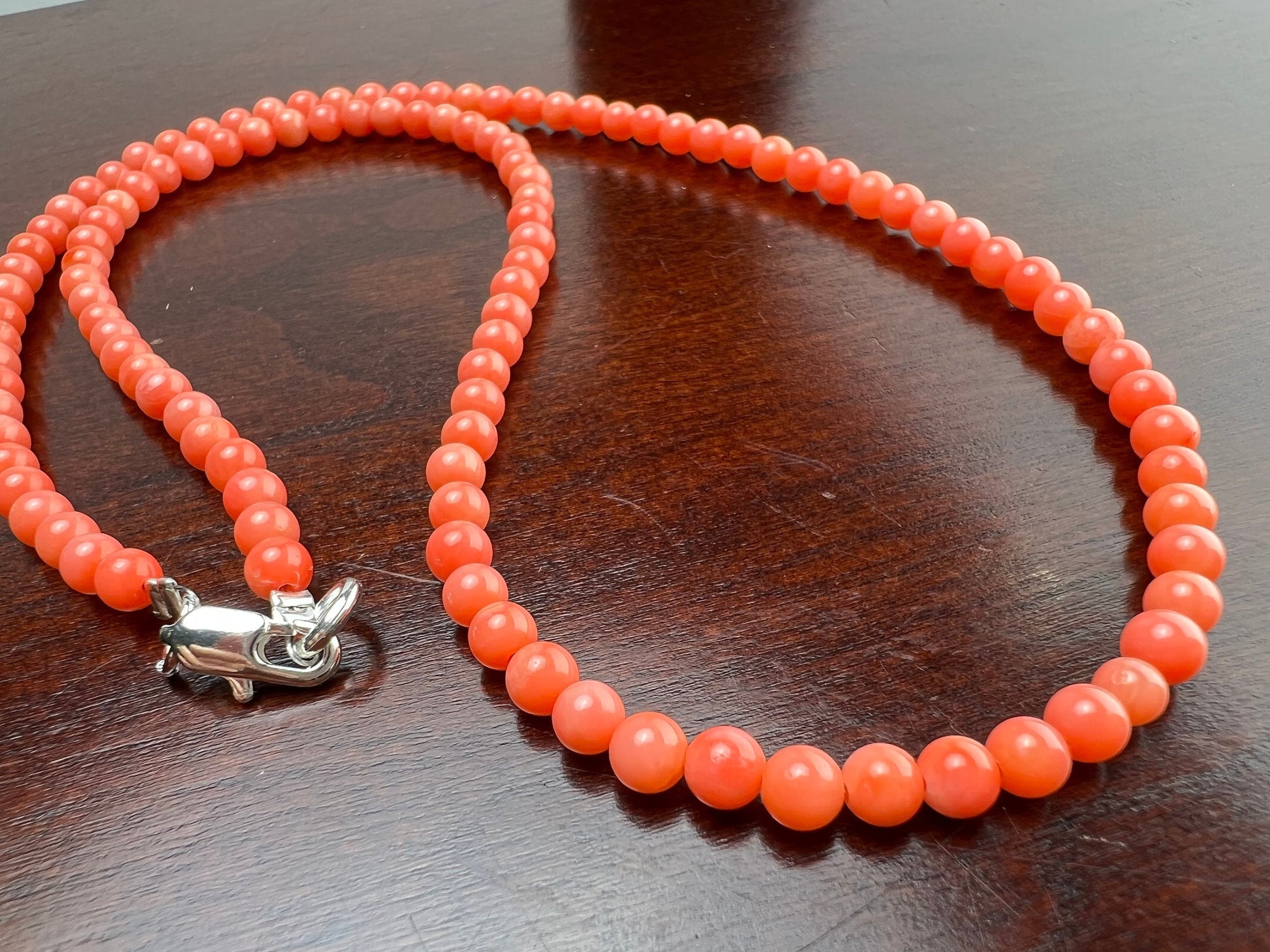 Natural Bamboo Coral 4mm salmon pink pitchy orange color Smooth Round Angel Skin Coral AAA Quality handmade silver necklace Beach, boho gift