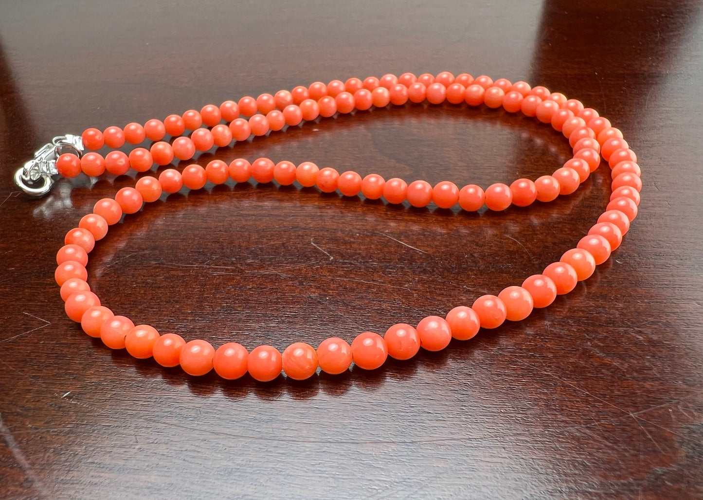 Natural Bamboo Coral 4mm salmon pink pitchy orange color Smooth Round Angel Skin Coral AAA Quality handmade silver necklace Beach, boho gift