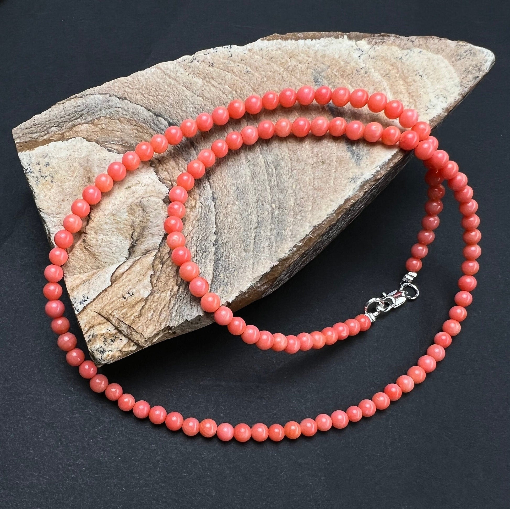 Natural Bamboo Coral 4mm salmon pink pitchy orange color Smooth Round Angel Skin Coral AAA Quality handmade silver necklace Beach, boho gift