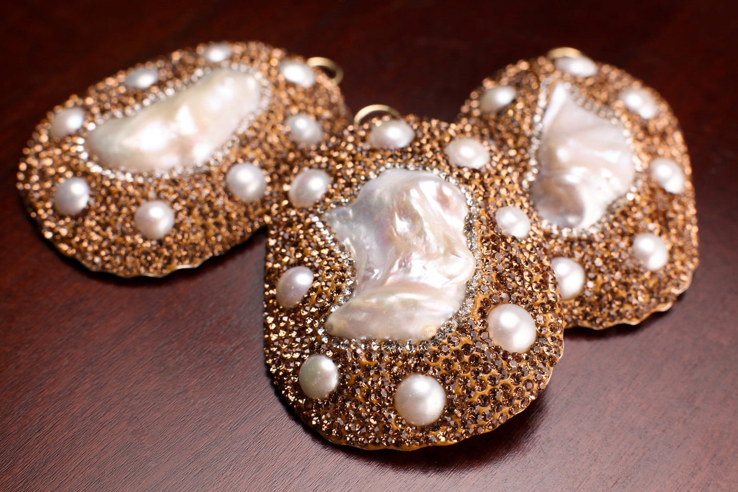 Freshwater Biwa Pearl Pendant, Inlaid Rhinestone Crystal Handmade Fancy Focal Bead, 42x58mm, 1 pc, Jewelry Making Bling Bead