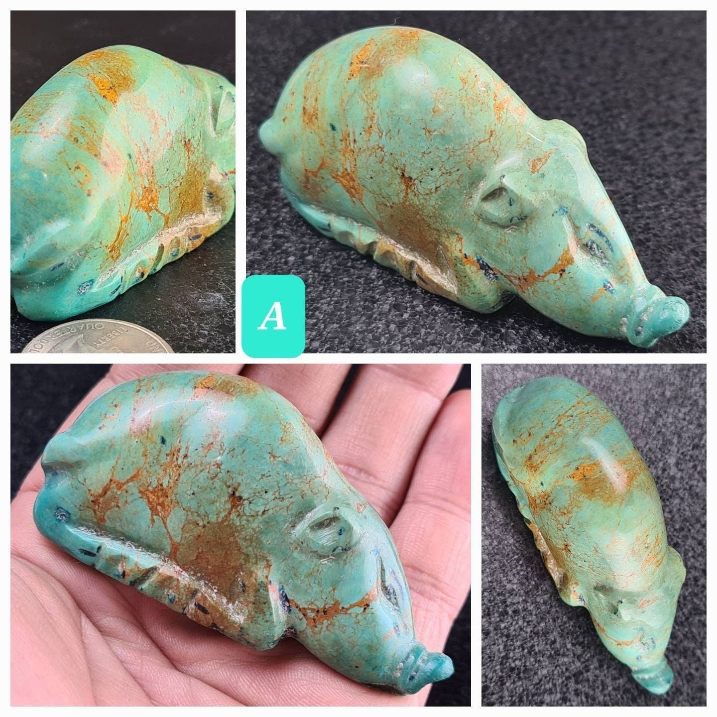 Natural Turquoise Hand Crafted Pig Totem, Miniature Animals Collectible Figurines Vintage Sculpture, Old Stock