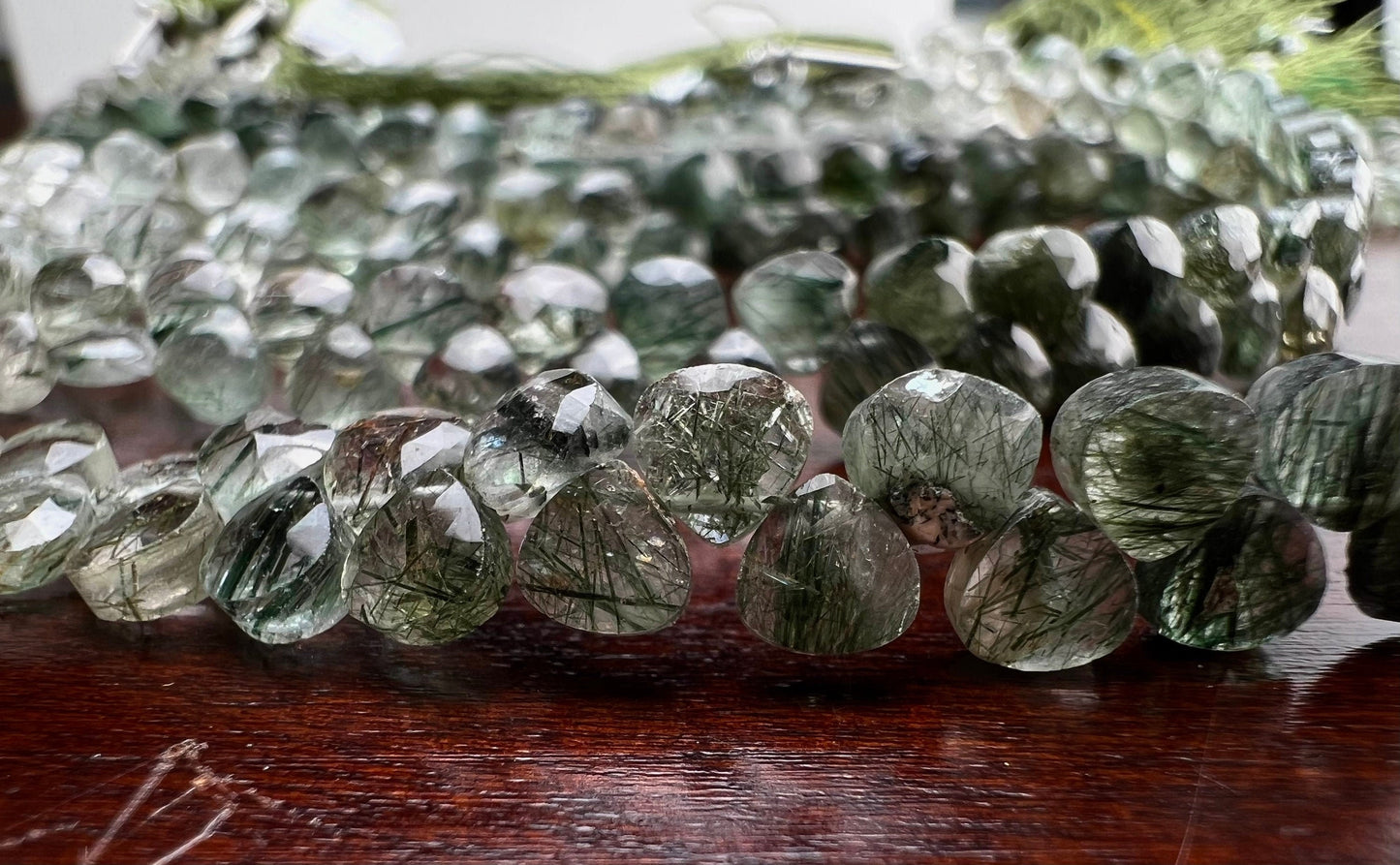 Natural Green Rutilated Quartz Shaded Faceted Heart Briolette 4.7-5mm Green shaded Gemstone rare Jewelry Making Beads 6”Strand, 55 pcs Apprx