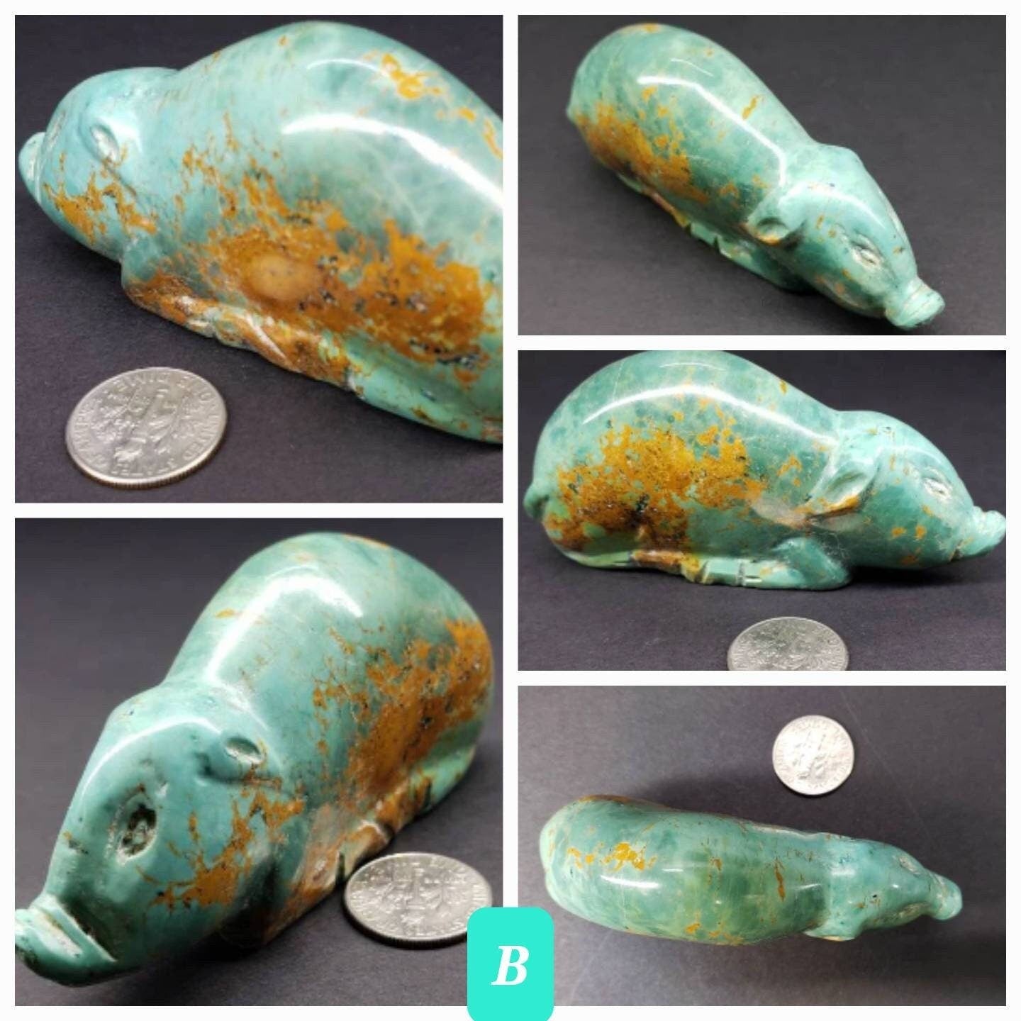 Natural Turquoise Hand Crafted Pig Totem, Miniature Animals Collectible Figurines Vintage Sculpture, Old Stock