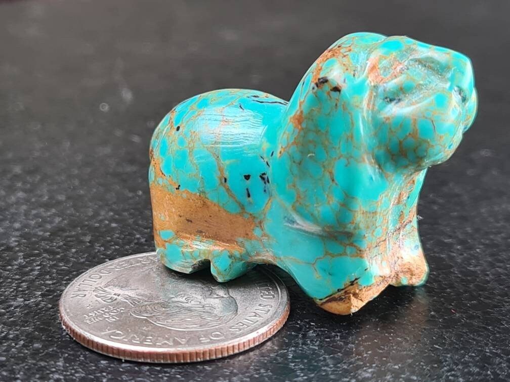 Natural Turquoise Hand Carved Dog, Cocker Spaniel Totem, Miniature Animals Collectible Figurines Vintage Sculpture, Old Stock