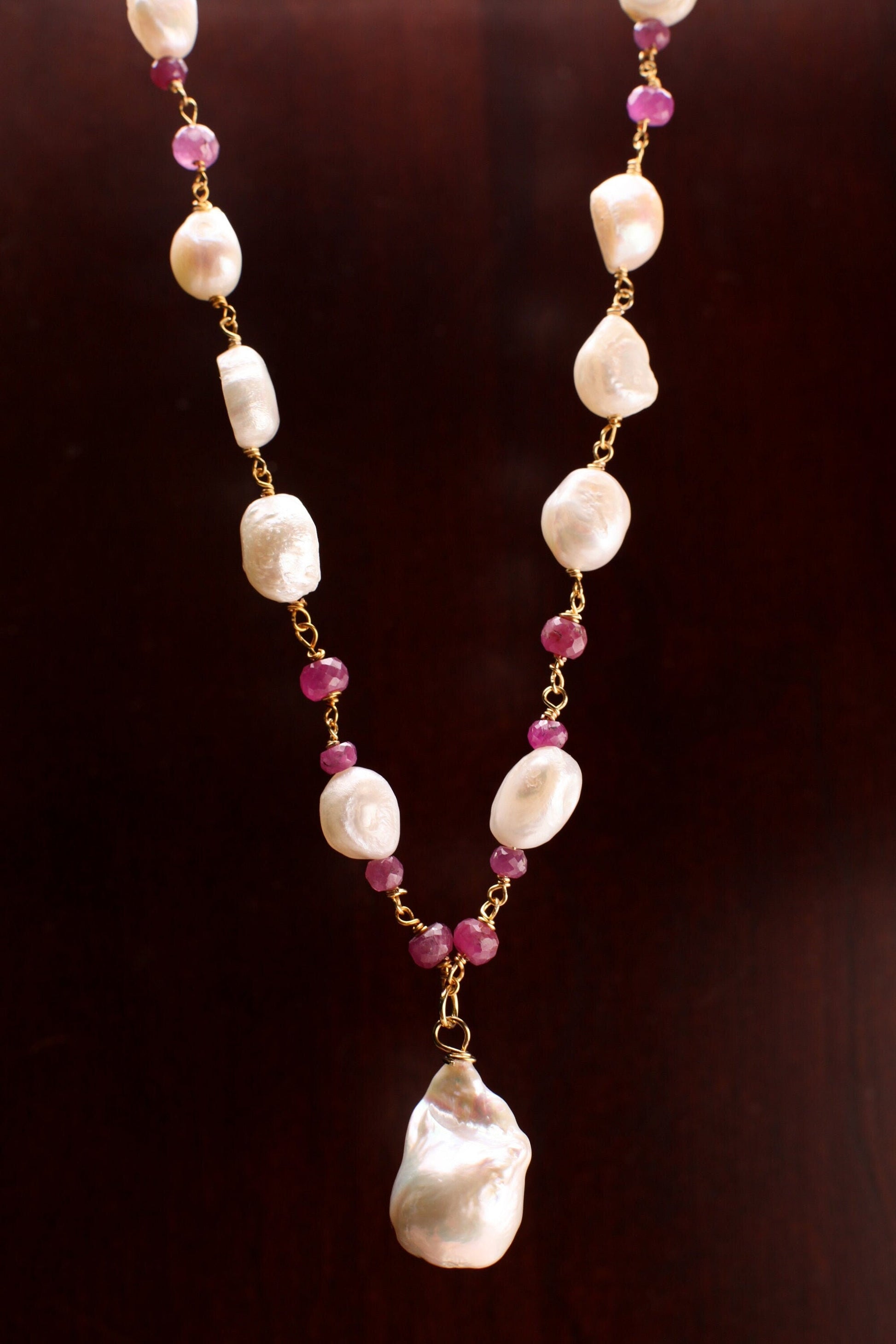 Genuine Freshwater Baroque Pearl, Ruby Faceted Rondelle Spacers, 25mm Baroque Pearl Pendant 14K Gold Filled Necklace