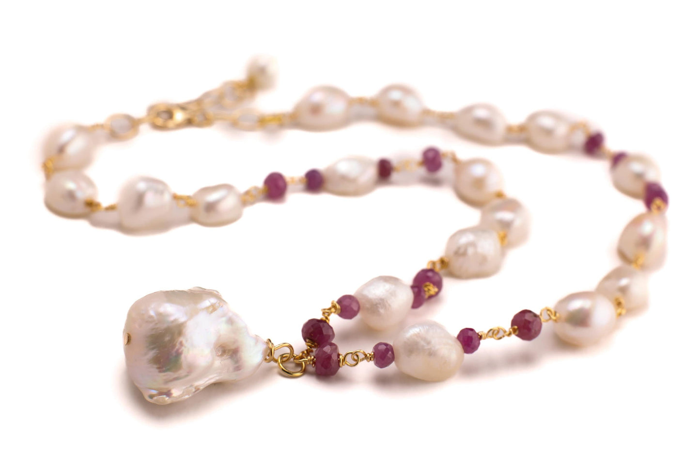 Genuine Freshwater Baroque Pearl, Ruby Faceted Rondelle Spacers, 25mm Baroque Pearl Pendant 14K Gold Filled Necklace