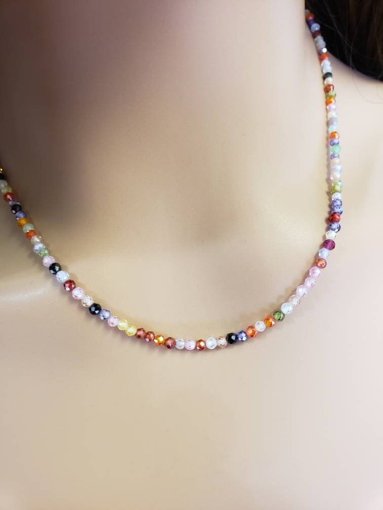 Multi Cubic Zirconia Micro Faceted 3mm CZ Round AAA sparkly Beaded choker layering necklace. Multi color happy gift for her