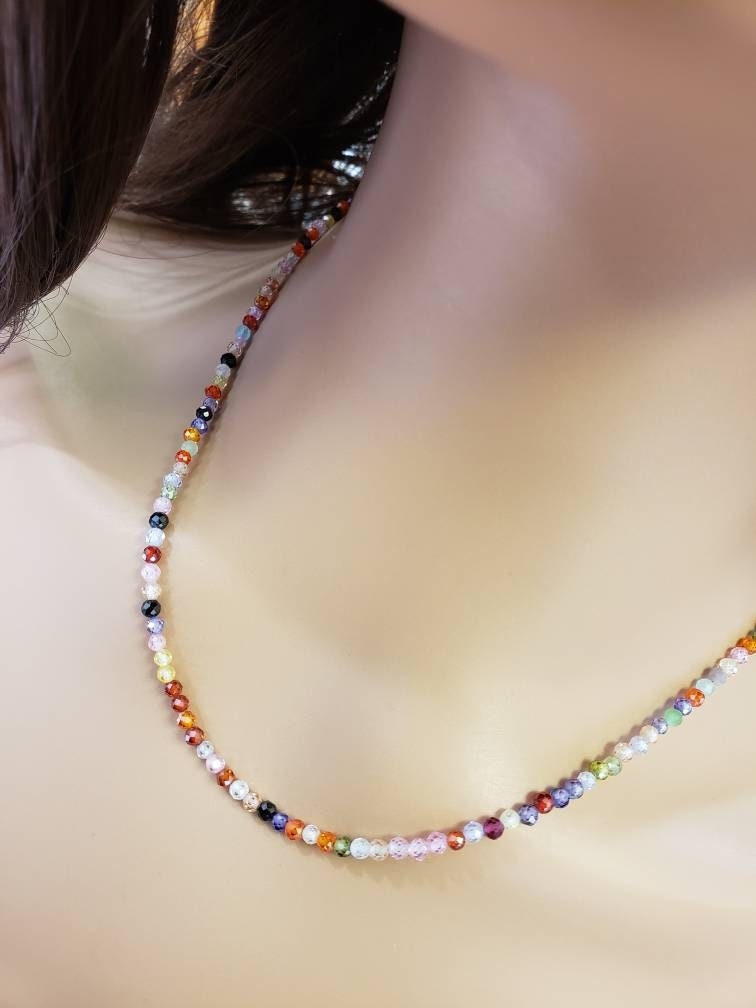 Multi Cubic Zirconia Micro Faceted 3mm CZ Round AAA sparkly Beaded choker layering necklace. Multi color happy gift for her