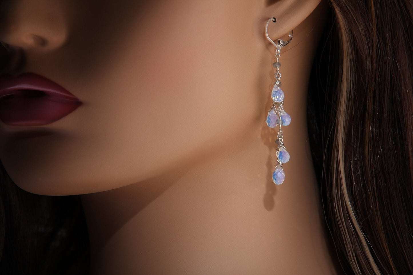 Opalite Faceted Briolette Drop 7x9mm Dangling with Labradorite Rondelle in Silver Leverback Earrings