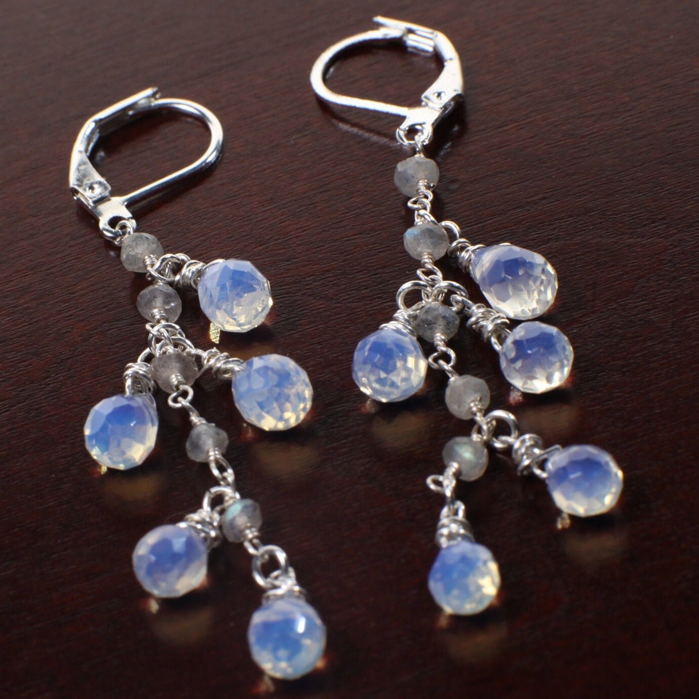 Opalite Faceted Briolette Drop 7x9mm Dangling with Labradorite Rondelle in Silver Leverback Earrings