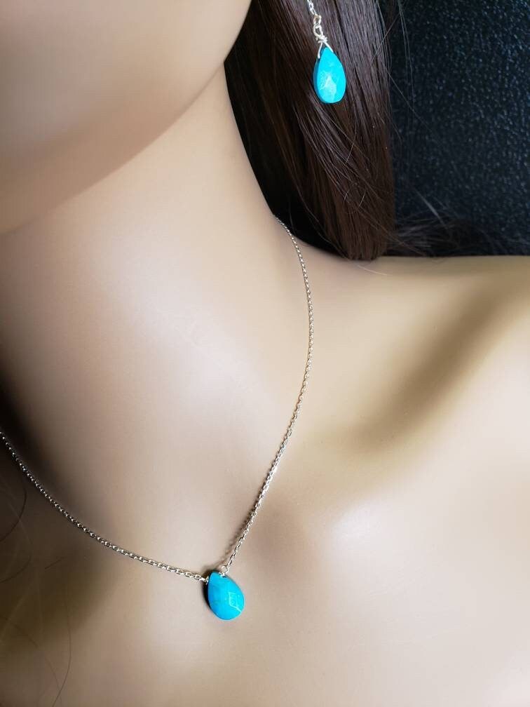 Genuine Arizona Blue Turquoise Faceted drop 8x12mm,925 Sterling Silver chain Necklace and threader Earring set , Minimalist precious gift