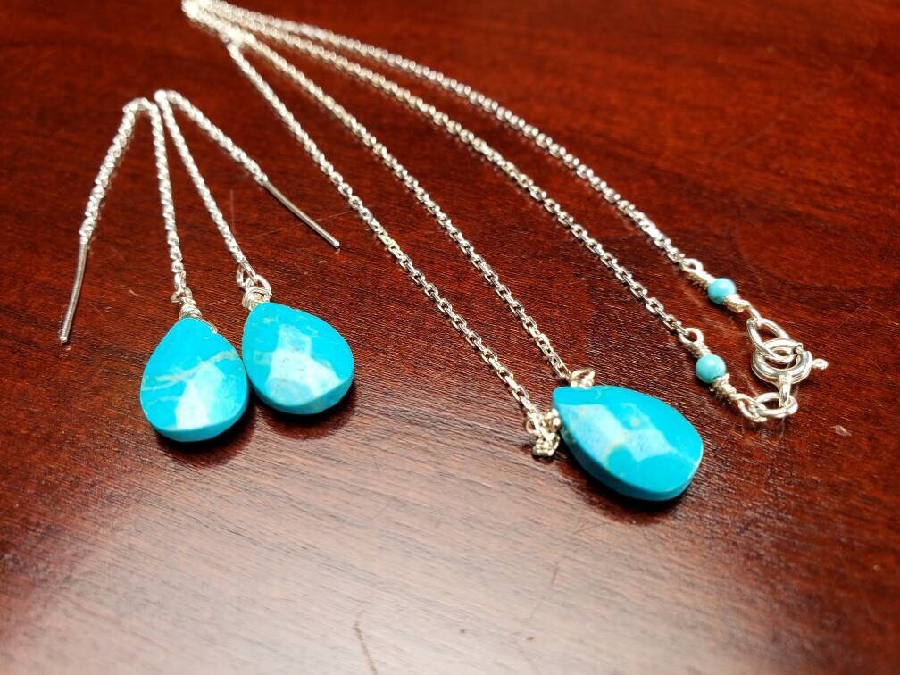 Genuine Arizona Blue Turquoise Faceted drop 8x12mm,925 Sterling Silver chain Necklace and threader Earring set , Minimalist precious gift