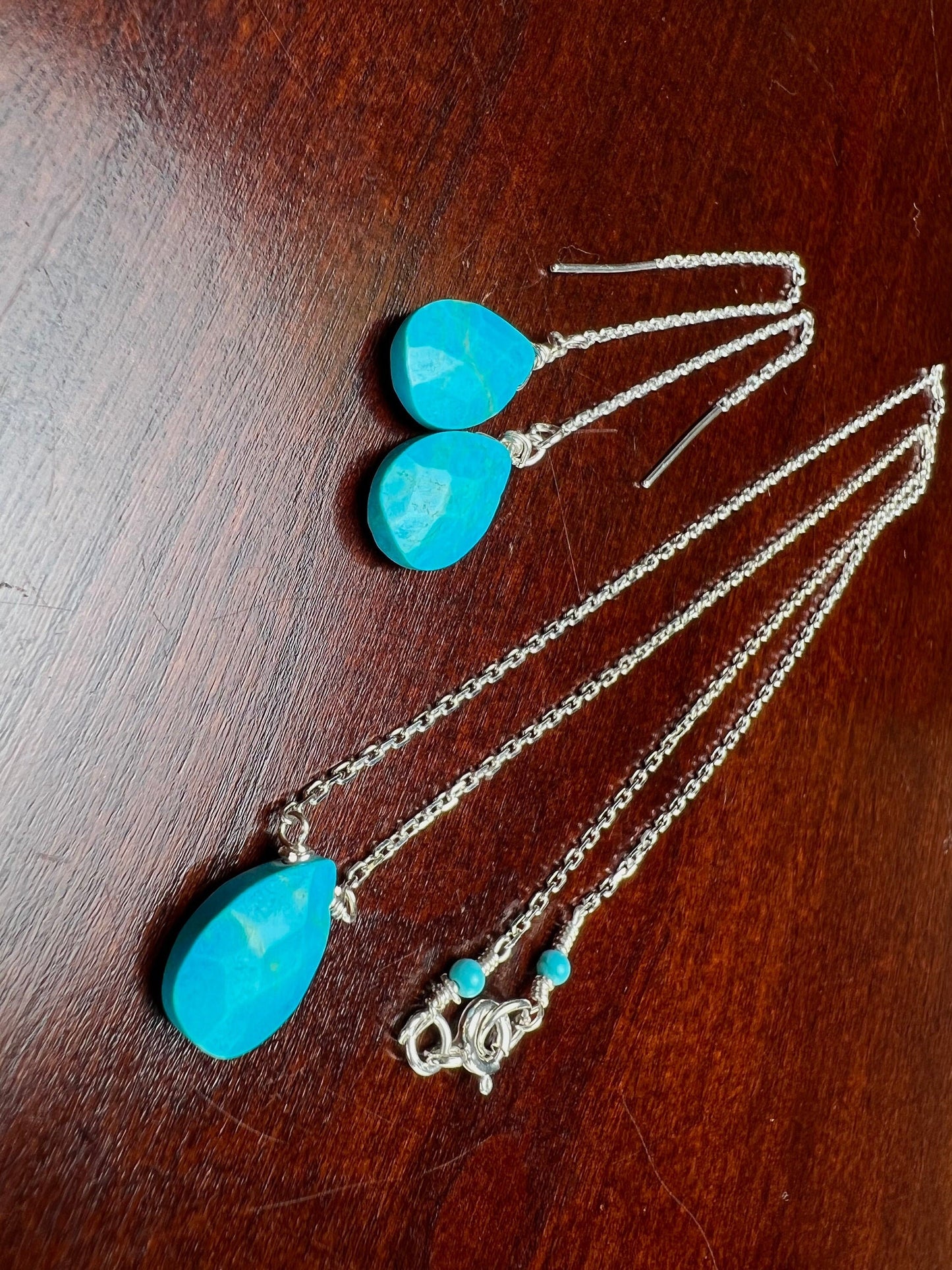 Genuine Arizona Blue Turquoise Faceted drop 8x12mm,925 Sterling Silver chain Necklace and threader Earring set , Minimalist precious gift