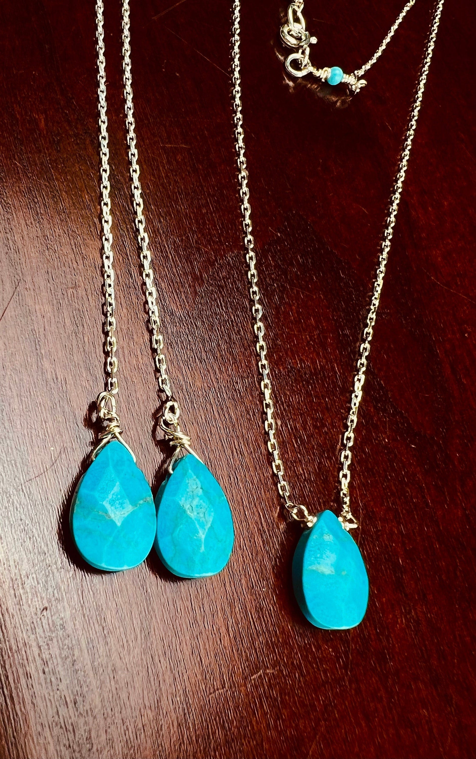 Genuine Arizona Blue Turquoise Faceted drop 8x12mm,925 Sterling Silver chain Necklace and threader Earring set , Minimalist precious gift