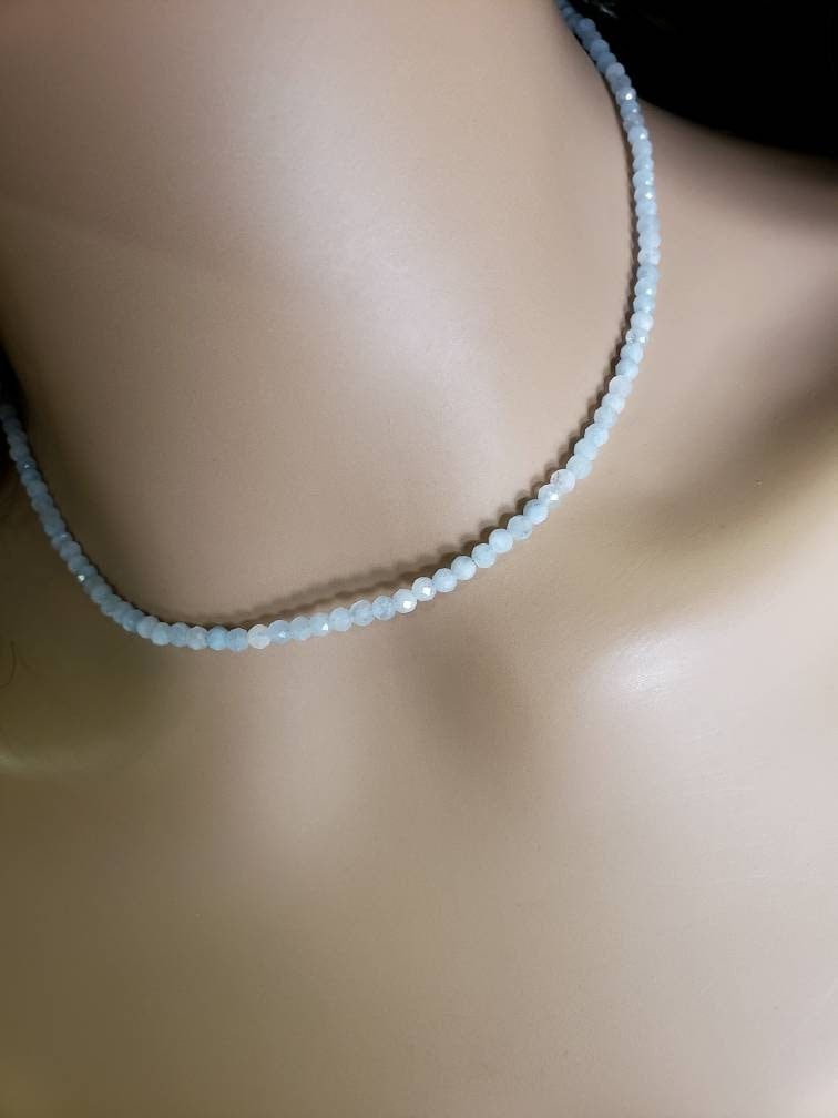 Aquamarine milky micro faceted 3.5mm round ,925 Sterling silver, handmade necklace for Man and Woman Gift