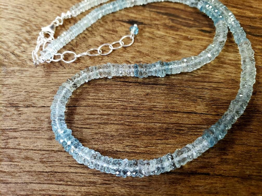 Aquamarine blue shaded Micro Faceted 5-6mmTyre Roundel AAA clear gem quality Rare, Sterling Silver,14k gf Elegant Necklace,18" plus 2" ext