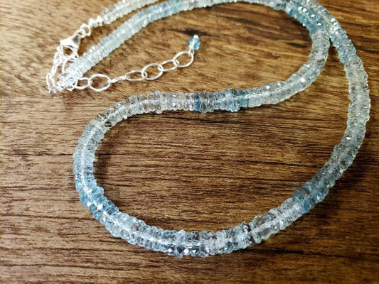 Aquamarine blue shaded Micro Faceted 5-6mmTyre Roundel AAA clear gem quality Rare, Sterling Silver,14k gf Elegant Necklace,18" plus 2" ext