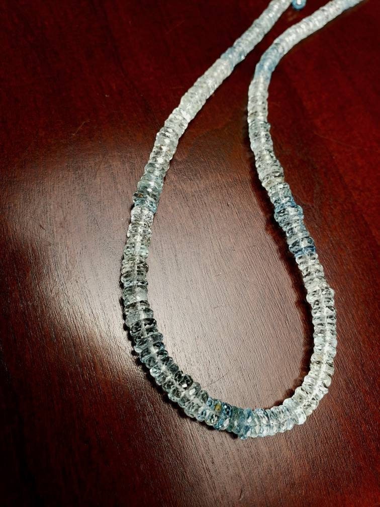 Aquamarine blue shaded Micro Faceted 5-6mmTyre Roundel AAA clear gem quality Rare, Sterling Silver,14k gf Elegant Necklace,18" plus 2" ext