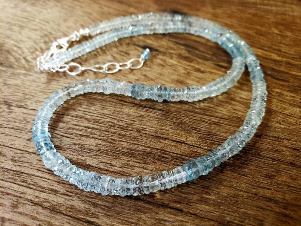 Aquamarine blue shaded Micro Faceted 5-6mmTyre Roundel AAA clear gem quality Rare, Sterling Silver,14k gf Elegant Necklace,18" plus 2" ext