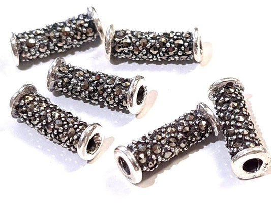 925 Sterling Silver Marcasite curved tube 6x16mm, 2.3mm Inner Diameter, Vintage Antique Handmade Designed jewelry making spacer noodle tube.