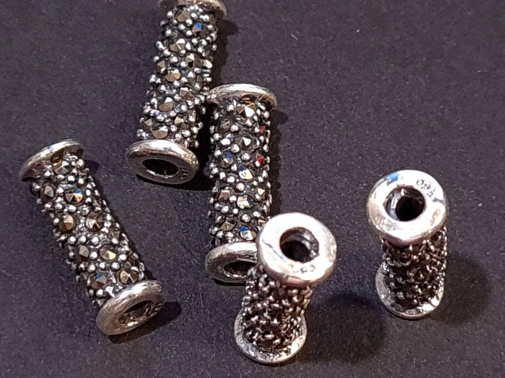 925 Sterling Silver Marcasite curved tube 6x16mm, 2.3mm Inner Diameter, Vintage Antique Handmade Designed jewelry making spacer noodle tube.