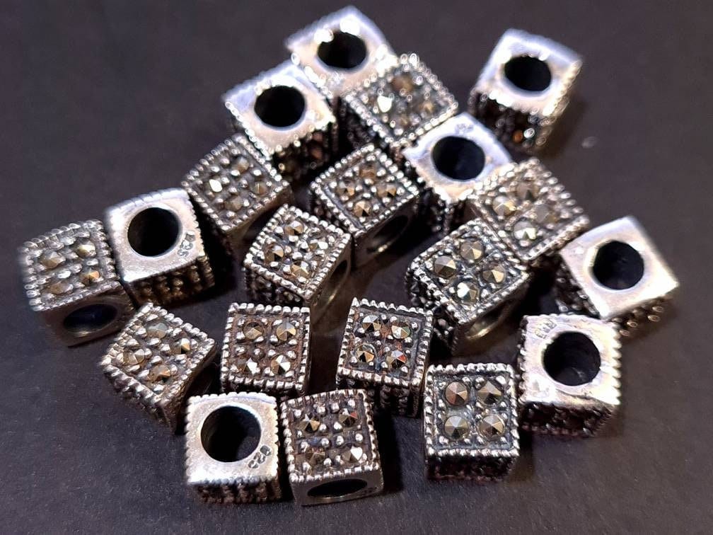 Marcasite 925 sterling silver 6mm Cube shape vintage Antique spacer block bead, 3.4mm Inner Diameter, jewelry making spacer bead.