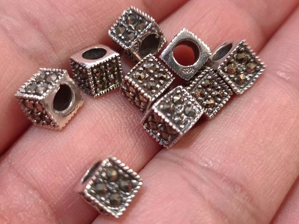 Marcasite 925 sterling silver 6mm Cube shape vintage Antique spacer block bead, 3.4mm Inner Diameter, jewelry making spacer bead.